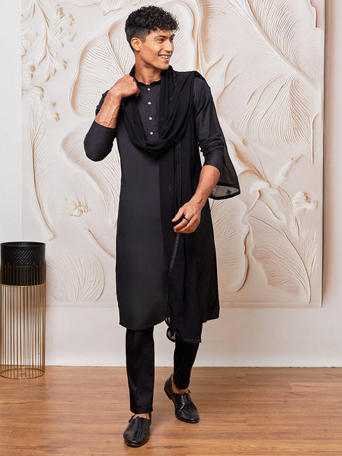 Men's Black Viscose Kurta, Pyjama And Dupatta Set.